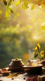 Steaming herbal decoction sits on rustic table in warm light