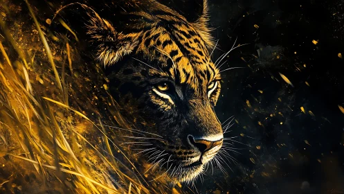 Tiger's Luminous Gaze in Golden Fire and Shadow