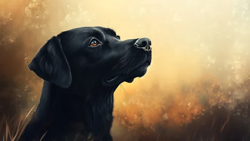 Black labrador portrait gazes upward against glowing haze
