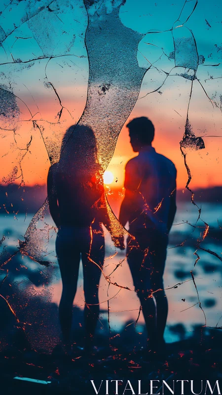 Dual Silhouettes Through Fractured Glass: Sunset Transparency Study.