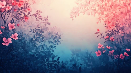 Pink Blossoms Emerge Through Twilight Mist and Blue Haze