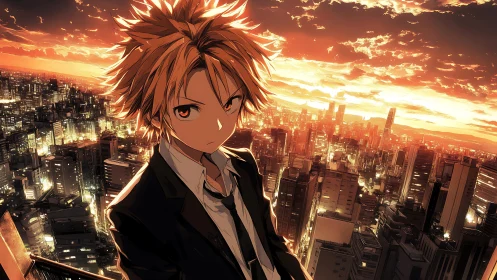Defiant anime teen overlooks neon city at burning sunset.