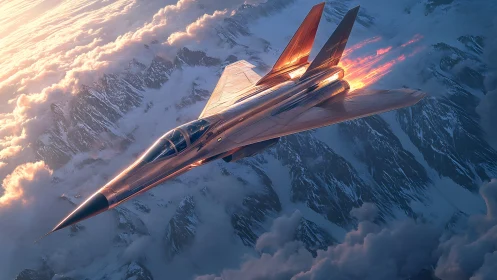 Futuristic Jet Fighter Soaring Above Snowy Mountains at Sunset.