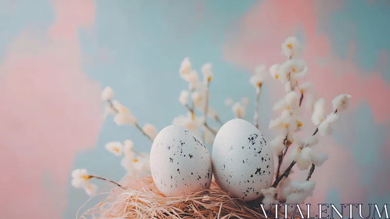 Speckled eggs in straw nest against soft pastel bokeh backdrop