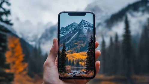 Mobile screen frames sharp alpine landscape with depth contrast