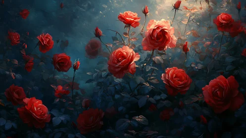 Radiant Red Roses Dance in Moody Blue Twilight.