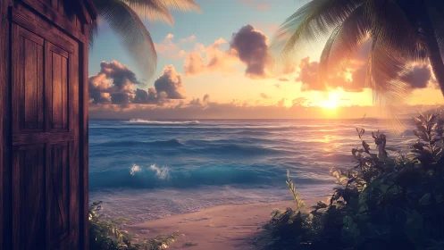 Digital painting seascape with doorway and tropical sunset portal.