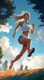 Sunlit runner strides forward under a bright open sky