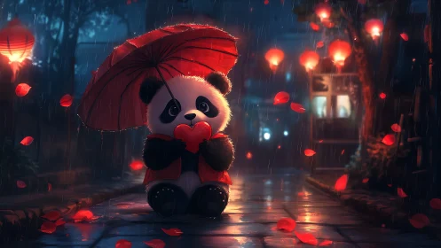 Panda holding red heart under umbrella on rainy street.