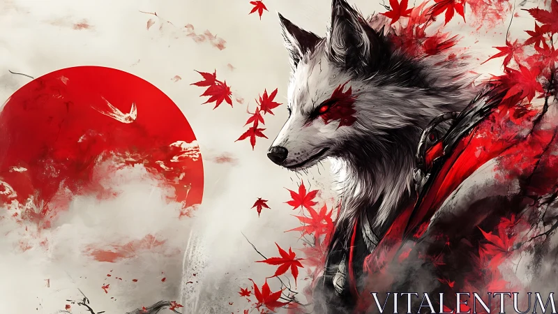Anthropomorphic fox with red sun and maple leaves background.