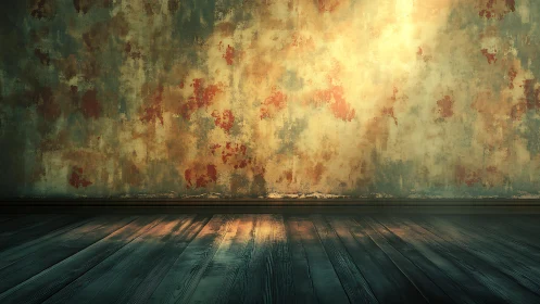 Vintage textured wall with wooden floor in moody atmospheric light.
