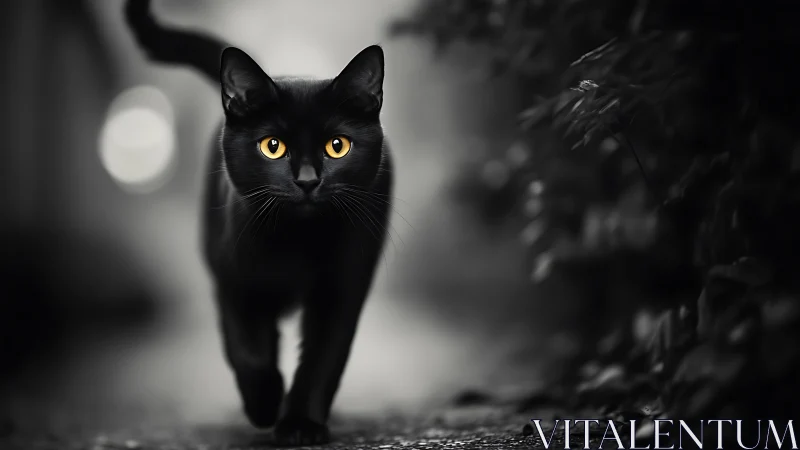 Black cat with amber eyes in monochromatic urban setting displays direct frontal positioning.