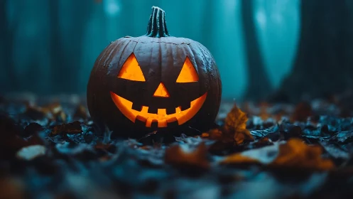 Candlelit jack o lantern in misty forest with shallow depth