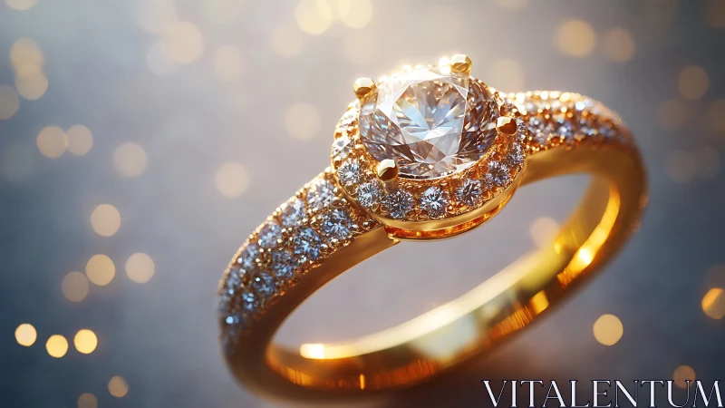 Diamond engagement ring glows with warm bokeh light.