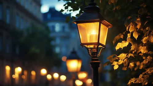 Gaslit street lanterns illuminate a bokeh-rich evening avenue