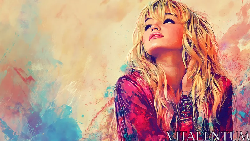 Daydreaming blonde muse in a splash-soaked color storm.