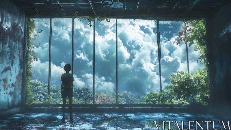 Solitary dreamer gazes through a sky-sized forgotten window.