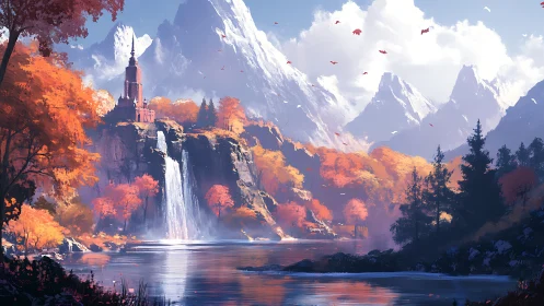 Mountain waterfall landscape with autumn forest and tower.