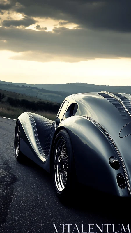 Streamlined retro-futurist coupe on wet asphalt at dusk