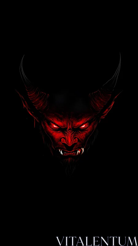 Demonic red horned face glows from deep black void