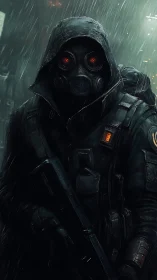 Rain-slicked wasteland sentinel in a glowing mask vigil.