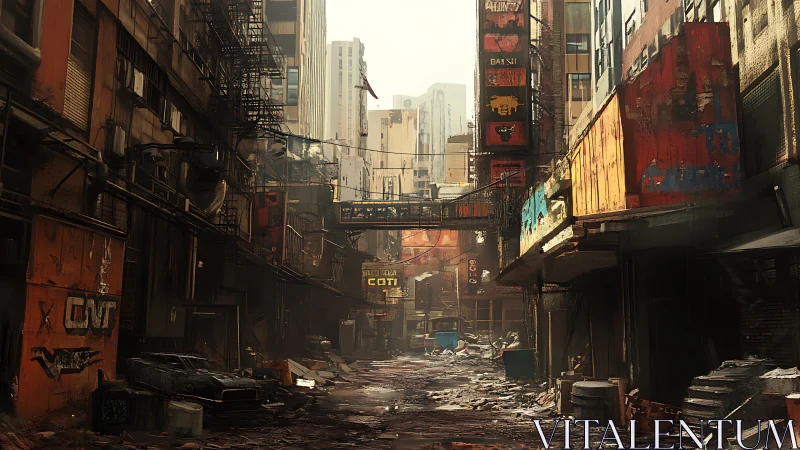 Decayed cyberpunk alleyway rendered in cinematic digital detail
