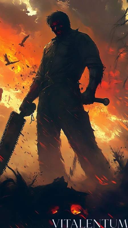 Chainsaw dusk guardian stalks through a burning nightmare sky.