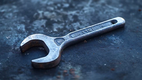 Metallic Open-End Wrench On Weathered Dark Surface With Visible Texture