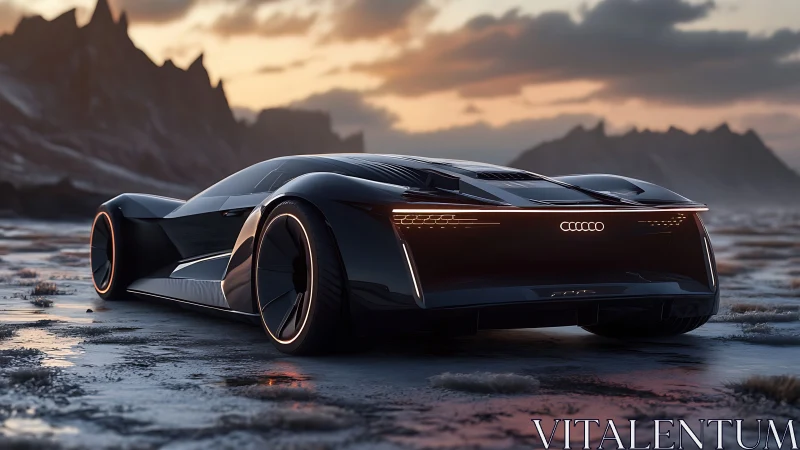 Futuristic black concept car on wet landscape at dusk.