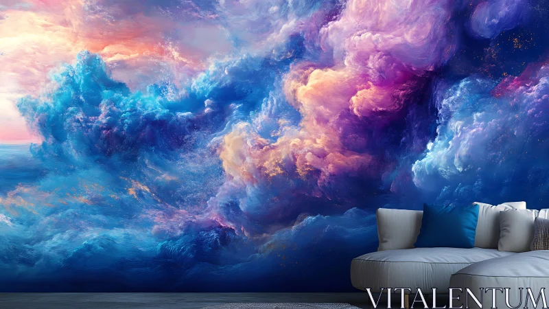 Dreamy cloudscape wall art brightening a cozy lounge corner.