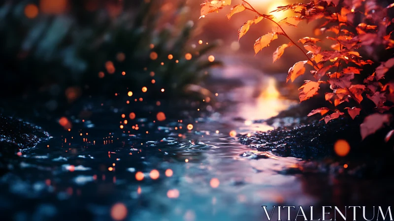 Sunlit forest stream glows with drifting ember-like sparks