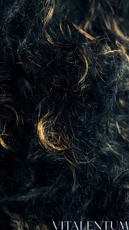 Golden highlights trace sinuous curls in dark textured hair