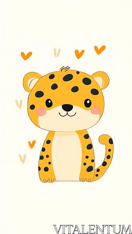 Cartoon leopard cub sits centered with orange hearts