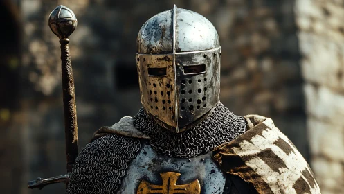 Medieval knight in full armor holding mace in courtyard.