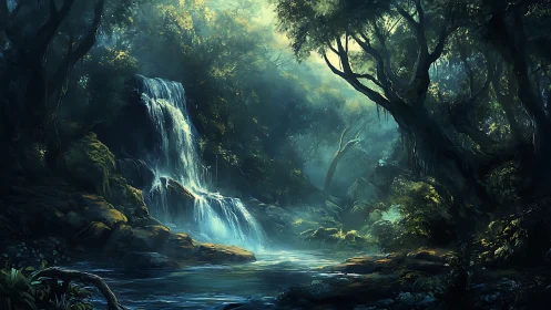 Ethereal Cascade: Where Enchanted Timber Cradles Luminous Waters.