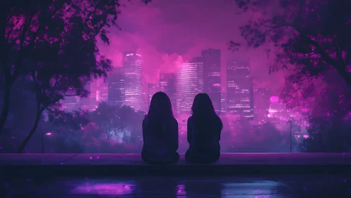 Silhouetted friends at neon magenta city overlook, dusk haze