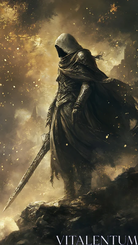 Hooded armored warrior with sword amid swirling embers.