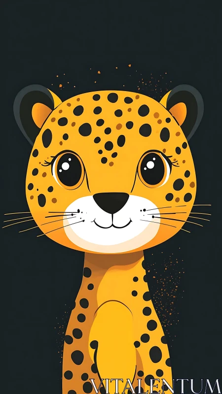 Smiling cartoon cheetah on dark minimalist background.