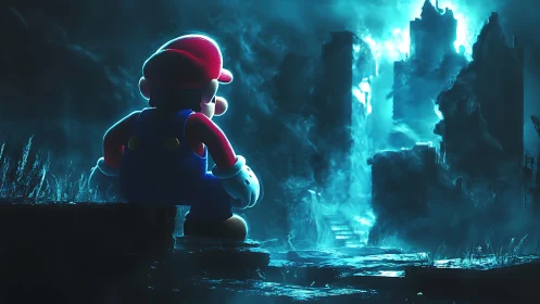 Mario figure faces glowing ruined city in dark landscape
