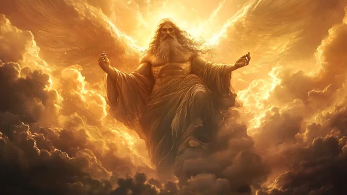 Celestial robed deity emerges from radiant clouds in golden light