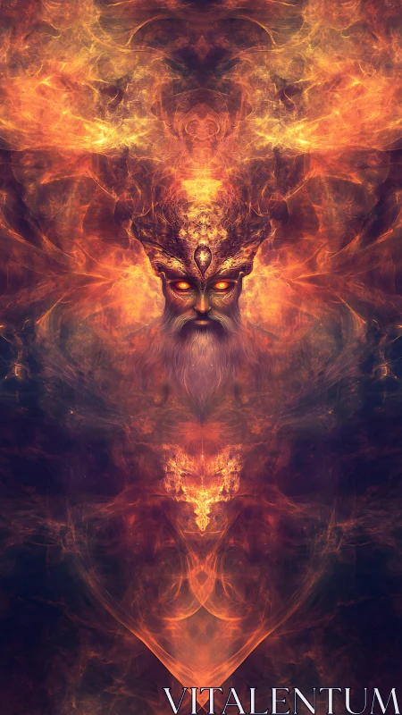 Symmetrical fiery deity portrait rendered in fractal nebula haze