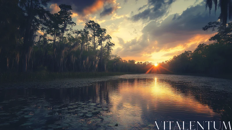 Sunset glow over tranquil cypress swamp reflections.