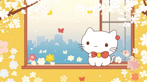 Windowside kitten daydreams in a pastel blossom skyline.