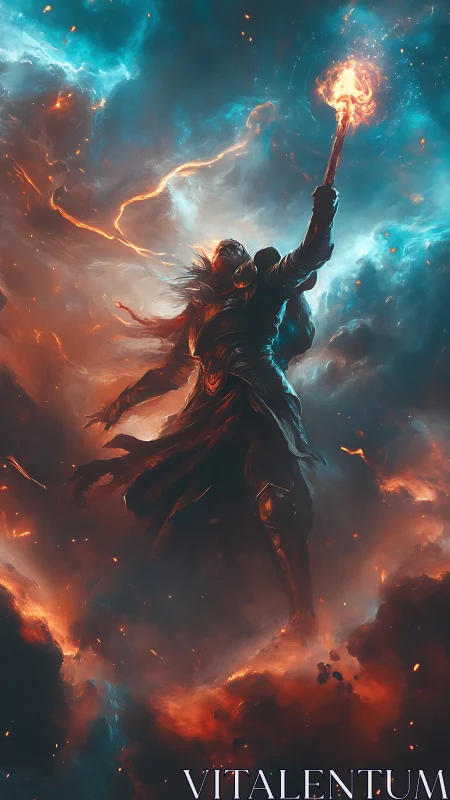 Armored figure raising staff within fiery cosmic clouds.