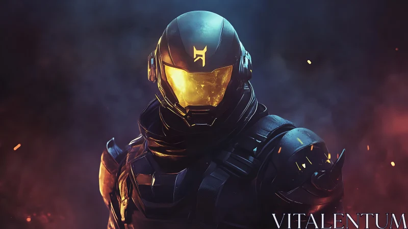 Armored sci-fi soldier stands in glowing ember-lit mist.