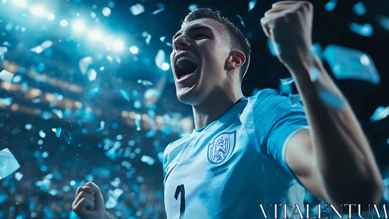 Soccer player celebrates loudly under bright stadium lights