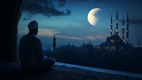 Man overlooking mosque skyline under crescent moon at dusk.