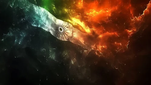 Indian tricolor flag blazes across a cosmic nebula sky