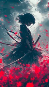 Stormlit petals circle a lone samurai caught mid-breath