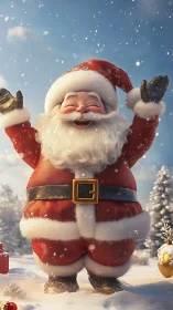 Joyful Santa celebrates a snowy day with open arms